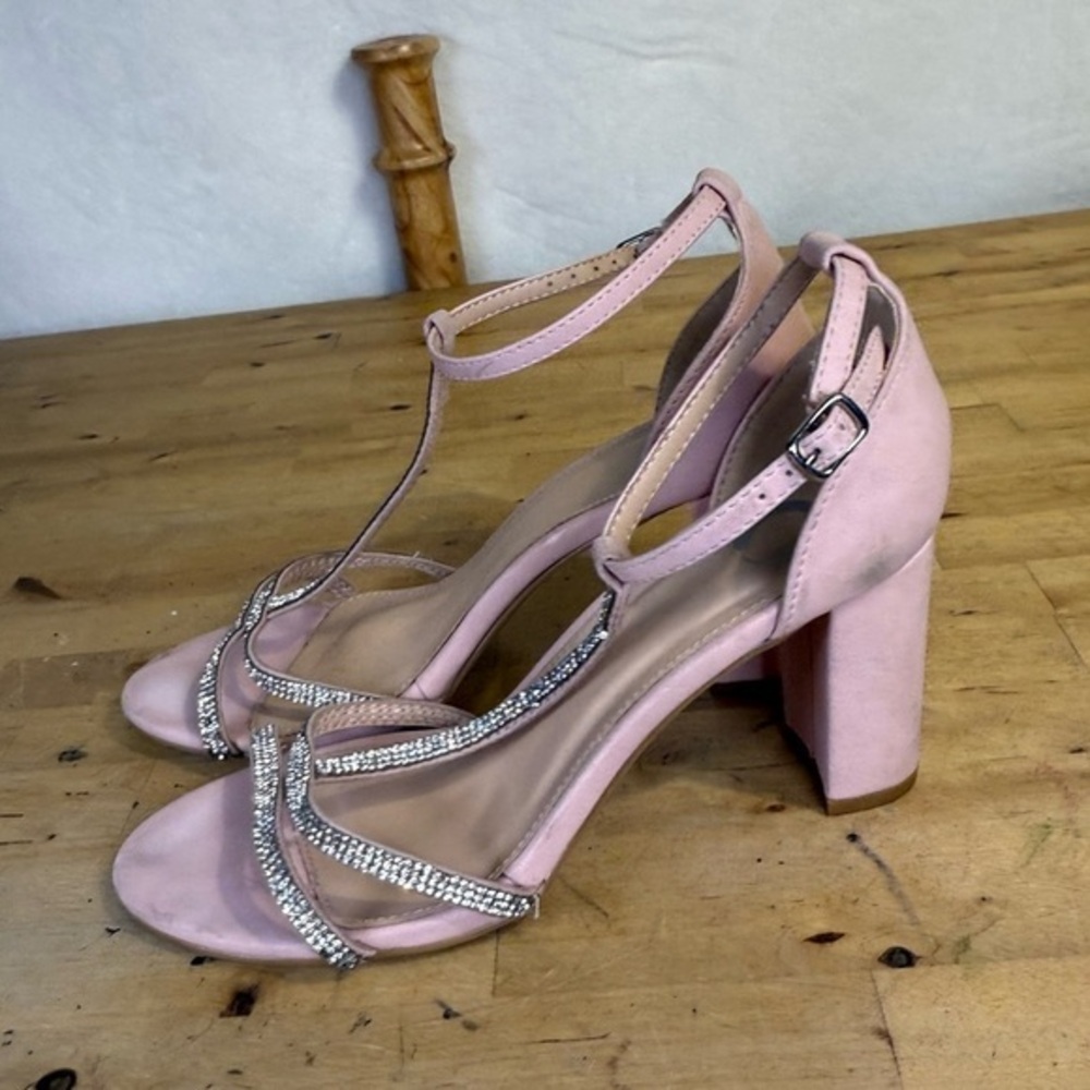 Pink Rhinestone T-Strap Block Heel Sandals Size 8